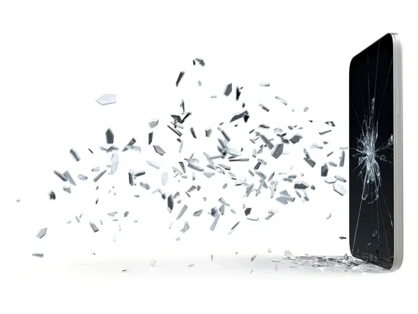 Phone standing to. the right with shattered pieces flowing from it to signify a broken screen.